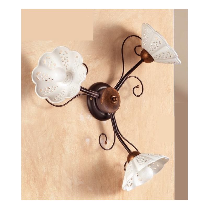 2030.A3 PLAFONIERA 3 LUCI RUSTICA IN FERRO RUGGINE CON DIFFUSORI IN TERRACOTTA BIANCA TRAFORATA MADE IN ITALY CRISTALENSI CERAMI