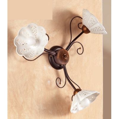 2030.A3 PLAFONIERA 3 LUCI RUSTICA IN FERRO RUGGINE CON DIFFUSORI IN TERRACOTTA BIANCA TRAFORATA MADE IN ITALY CRISTALENSI CERAMI