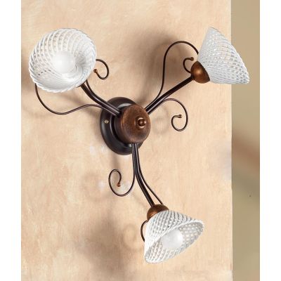 2031.A3 PLAFONIERA 3 LUCI RUSTICA IN FERRO RUGGINE E DIFFUSORI IN TERRACOTTA BIANCA INTRECCIATA MADE IN ITALY CRISTALENSI CERAMI