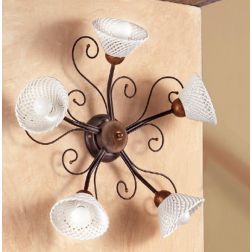 2031.A5 PLAFONIERA 5 LUCI RUSTICA IN FERRO RUGGINE E DIFFUSORI IN TERRACOTTA BIANCA INTRECCIATA MADE IN ITALY CRISTALENSI CERAMI 2