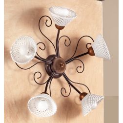 2031.A5 PLAFONIERA 5 LUCI RUSTICA IN FERRO RUGGINE E DIFFUSORI IN TERRACOTTA BIANCA INTRECCIATA MADE IN ITALY CRISTALENSI CERAMI