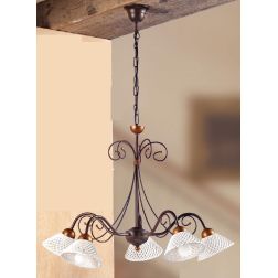 2031.5 LAMPADARIO 5 LUCI RUSTICO IN FERRO RUGGINE E DIFFUSORI IN TERRACOTTA BIANCA INTRECCIATA MADE IN ITALY CRISTALENSI CERAMIC 2