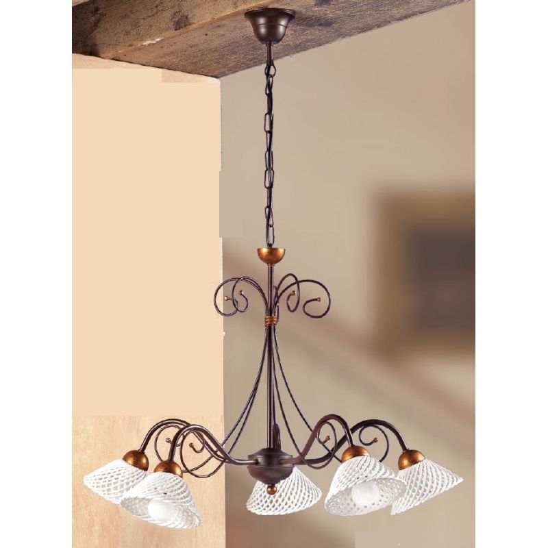 2031.5 LAMPADARIO 5 LUCI RUSTICO IN FERRO RUGGINE E DIFFUSORI IN TERRACOTTA BIANCA INTRECCIATA MADE IN ITALY CRISTALENSI CERAMIC