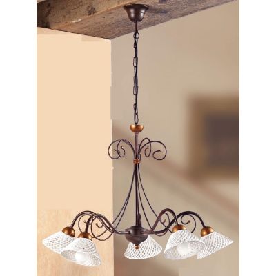 2031.5 LAMPADARIO 5 LUCI RUSTICO IN FERRO RUGGINE E DIFFUSORI IN TERRACOTTA BIANCA INTRECCIATA MADE IN ITALY CRISTALENSI CERAMIC