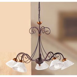 2031.5 LAMPADARIO 5 LUCI RUSTICO IN FERRO RUGGINE E DIFFUSORI IN TERRACOTTA BIANCA INTRECCIATA MADE IN ITALY CRISTALENSI CERAMIC