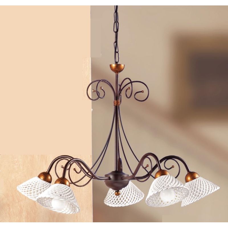 2031.5 LAMPADARIO 5 LUCI RUSTICO IN FERRO RUGGINE E DIFFUSORI IN TERRACOTTA BIANCA INTRECCIATA MADE IN ITALY CRISTALENSI CERAMIC