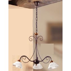 2031.3 LAMPADARIO 3 LUCI RUSTICO IN FERRO RUGGINE E DIFFUSORI IN TERRACOTTA BIANCA INTRECCIATA MADE IN ITALY CRISTALENSI CERAMIC 2