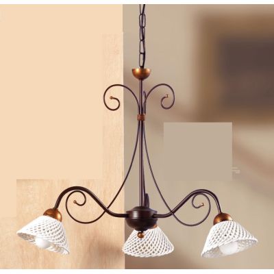2031.3 LAMPADARIO 3 LUCI RUSTICO IN FERRO RUGGINE E DIFFUSORI IN TERRACOTTA BIANCA INTRECCIATA MADE IN ITALY CRISTALENSI CERAMIC