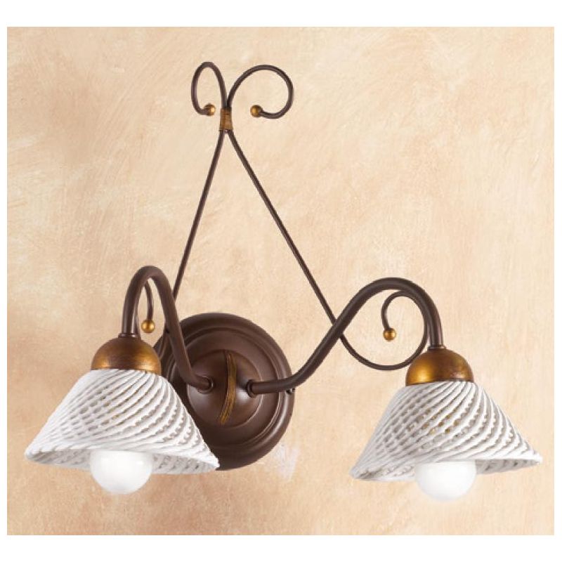 2031.A2 APPLIQUE 2 LUCI RUSTICA IN FERRO RUGGINE E DIFFUSORI IN TERRACOTTA BIANCA INTRECCIATA MADE IN ITALY CRISTALENSI CERAMICA