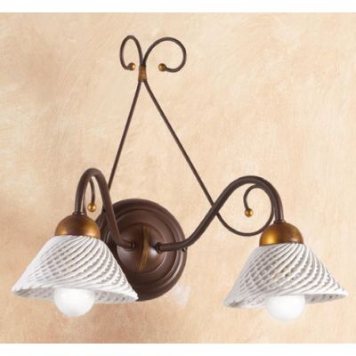 2031.A2 APPLIQUE 2 LUCI RUSTICA IN FERRO RUGGINE E DIFFUSORI IN TERRACOTTA BIANCA INTRECCIATA MADE IN ITALY CRISTALENSI CERAMICA