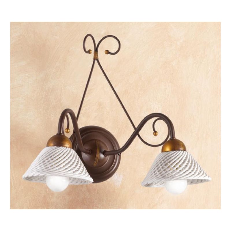 2031.A2 APPLIQUE 2 LUCI RUSTICA IN FERRO RUGGINE E DIFFUSORI IN TERRACOTTA BIANCA INTRECCIATA MADE IN ITALY CRISTALENSI CERAMICA