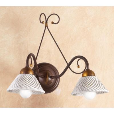 2031.A2 APPLIQUE 2 LUCI RUSTICA IN FERRO RUGGINE E DIFFUSORI IN TERRACOTTA BIANCA INTRECCIATA MADE IN ITALY CRISTALENSI CERAMICA