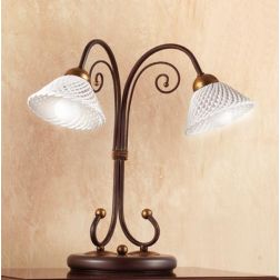 2031.L2 LAMPADA DA TAVOLO 2 LUCI RUSTICA IN FERRO RUGGINE E DIFFUSORI IN TERRACOTTA BIANCA INTRECCIATA MADE IN ITALY CRISTALENSI 2