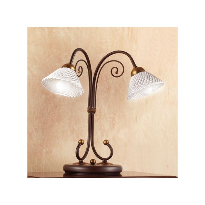 2031.L2 LAMPADA DA TAVOLO 2 LUCI RUSTICA IN FERRO RUGGINE E DIFFUSORI IN TERRACOTTA BIANCA INTRECCIATA MADE IN ITALY CRISTALENSI