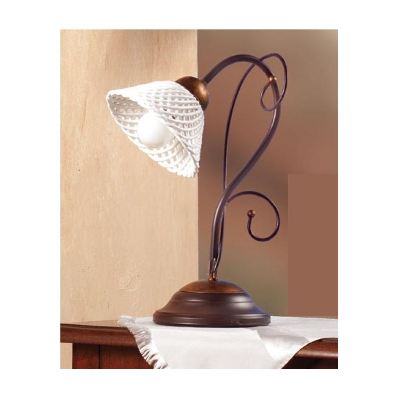 2031.L LAMPADA DA TAVOLO RUSTICA IN FERRO RUGGINE E DIFFUSORE IN TERRACOTTA BIANCA INTRECCIATA MADE IN ITALY CRISTALENSI CERAMIC