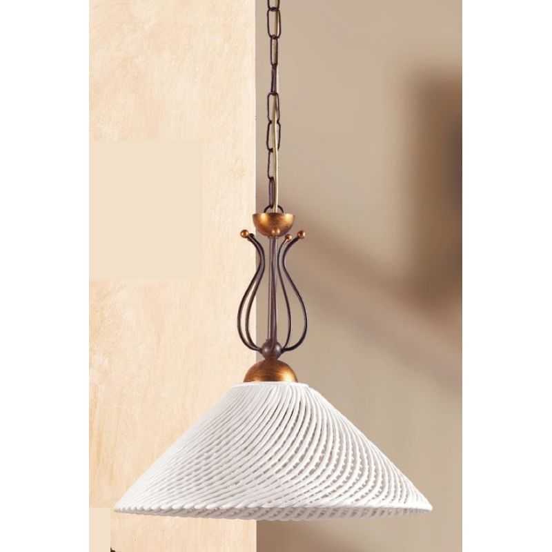 2031.1 SOSPENSIONE SINGOLA RUSTICA IN FERRO RUGGINE E DIFFUSORE IN TERRACOTTA BIANCA INTRECCIATA MADE IN ITALY CRISTALENSI CERAM