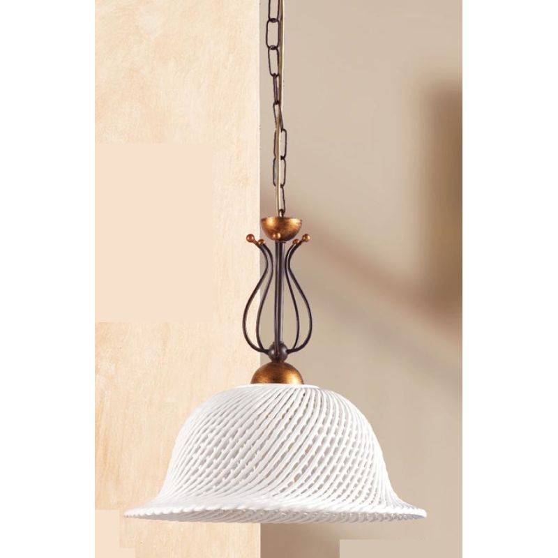 2032.1 SOSPENSIONE SINGOLA RUSTICA IN FERRO RUGGINE E DIFFUSORE IN TERRACOTTA BIANCA INTRECCIATA MADE IN ITALY CRISTALENSI CERAM