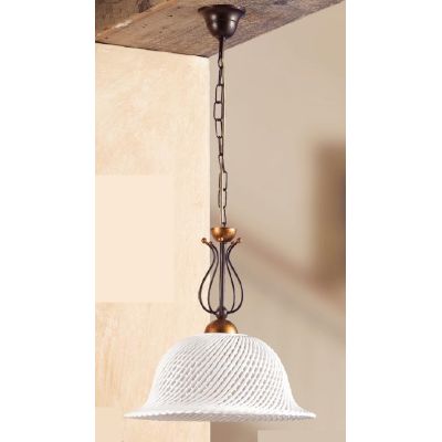 2032.1 SOSPENSIONE SINGOLA RUSTICA IN FERRO RUGGINE E DIFFUSORE IN TERRACOTTA BIANCA INTRECCIATA MADE IN ITALY CRISTALENSI CERAM