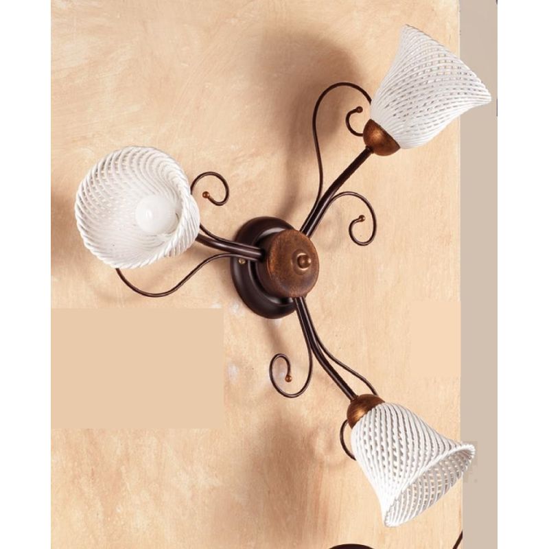 2032.A3 PLAFONIERA RUSTICA 3 LUCI IN FERRO RUGGINE E DIFFUSORI IN TERRACOTTA BIANCA INTRECCIATA MADE IN ITALY CRISTALENSI CERAMI
