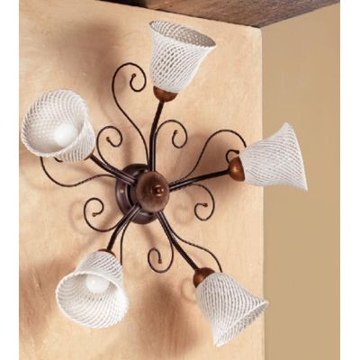 2032.A5 PLAFONIERA RUSTICA 5 LUCI IN FERRO RUGGINE E DIFFUSORI IN TERRACOTTA BIANCA INTRECCIATA MADE IN ITALY CRISTALENSI CERAMI