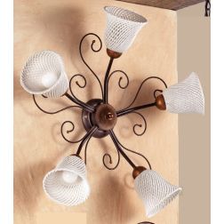 2032.A5 PLAFONIERA RUSTICA 5 LUCI IN FERRO RUGGINE E DIFFUSORI IN TERRACOTTA BIANCA INTRECCIATA MADE IN ITALY CRISTALENSI CERAMI 2