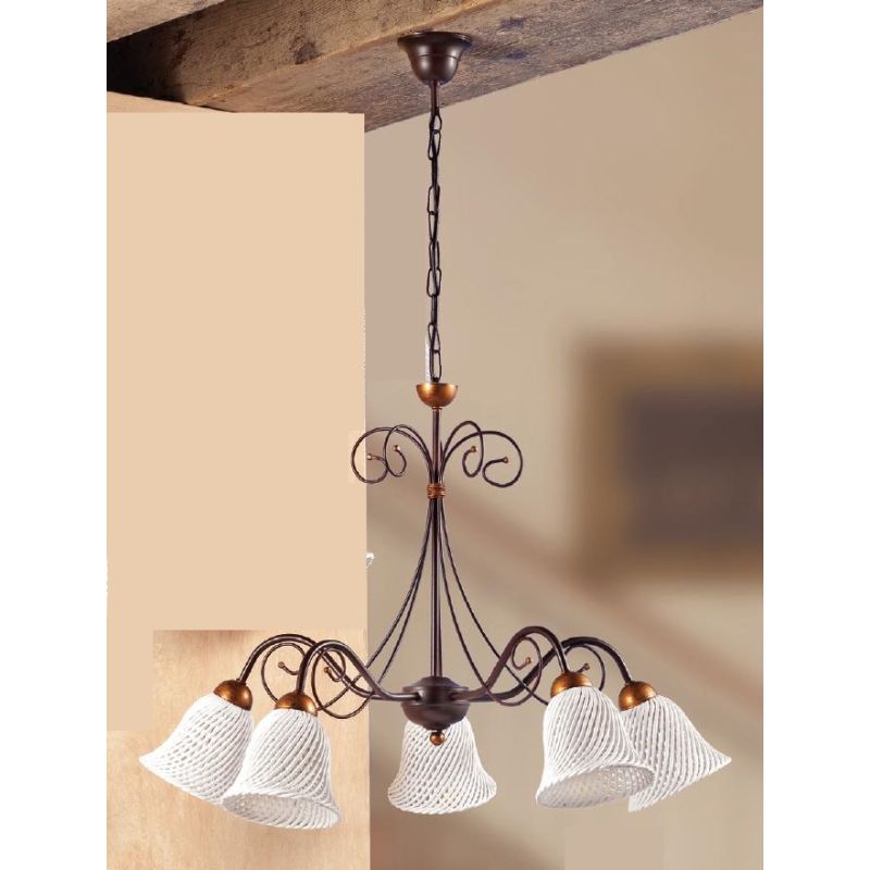 2032.5 LAMPADARIO RUSTICO 5 LUCI IN FERRO RUGGINE E DIFFUSORI IN TERRACOTTA BIANCA INTRECCIATA MADE IN ITALY CRISTALENSI CERAMIC