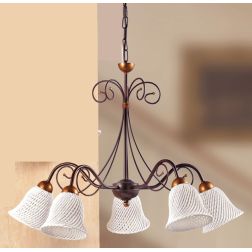 2032.5 LAMPADARIO RUSTICO 5 LUCI IN FERRO RUGGINE E DIFFUSORI IN TERRACOTTA BIANCA INTRECCIATA MADE IN ITALY CRISTALENSI CERAMIC