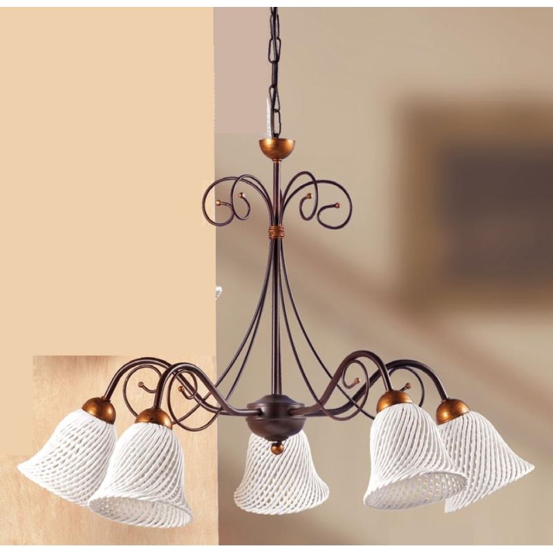 2032.5 LAMPADARIO RUSTICO 5 LUCI IN FERRO RUGGINE E DIFFUSORI IN TERRACOTTA BIANCA INTRECCIATA MADE IN ITALY CRISTALENSI CERAMIC