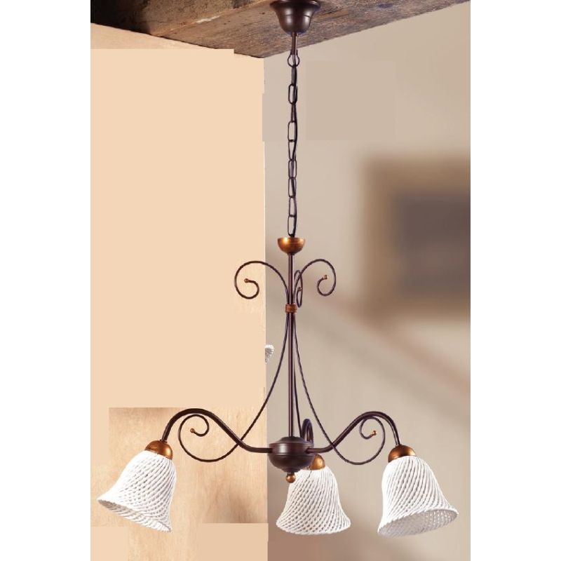 2032.3 LAMPADARIO RUSTICO 3 LUCI IN FERRO RUGGINE E DIFFUSORI IN TERRACOTTA BIANCA INTRECCIATA MADE IN ITALY CRISTALENSI CERAMIC