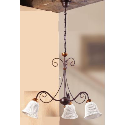 2032.3 LAMPADARIO RUSTICO 3 LUCI IN FERRO RUGGINE E DIFFUSORI IN TERRACOTTA BIANCA INTRECCIATA MADE IN ITALY CRISTALENSI CERAMIC