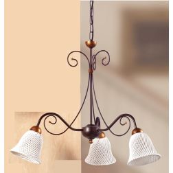2032.3 LAMPADARIO RUSTICO 3 LUCI IN FERRO RUGGINE E DIFFUSORI IN TERRACOTTA BIANCA INTRECCIATA MADE IN ITALY CRISTALENSI CERAMIC