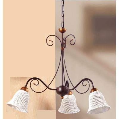 2032.3 LAMPADARIO RUSTICO 3 LUCI IN FERRO RUGGINE E DIFFUSORI IN TERRACOTTA BIANCA INTRECCIATA MADE IN ITALY CRISTALENSI CERAMIC