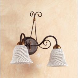 2032.A2 APPLIQUE RUSTICA 2 LUCI IN FERRO RUGGINE E DIFFUSORI IN TERRACOTTA BIANCA INTRECCIATA MADE IN ITALY CRISTALENSI CERAMICA 2