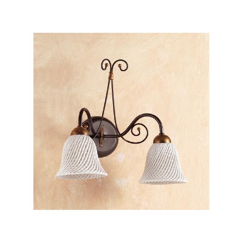 2032.A2 APPLIQUE RUSTICA 2 LUCI IN FERRO RUGGINE E DIFFUSORI IN TERRACOTTA BIANCA INTRECCIATA MADE IN ITALY CRISTALENSI CERAMICA