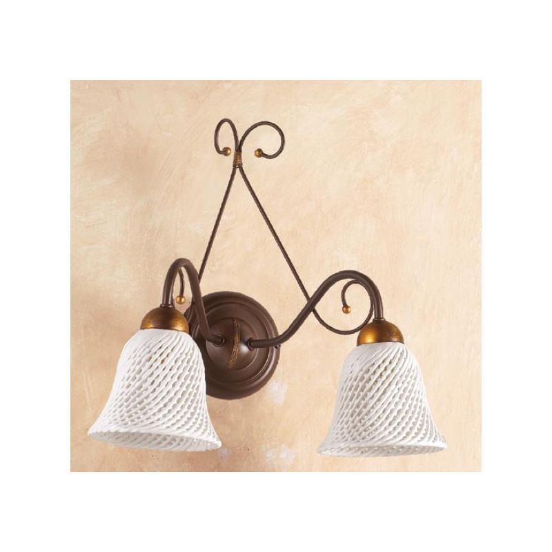 2032.A2 APPLIQUE RUSTICA 2 LUCI IN FERRO RUGGINE E DIFFUSORI IN TERRACOTTA BIANCA INTRECCIATA MADE IN ITALY CRISTALENSI CERAMICA