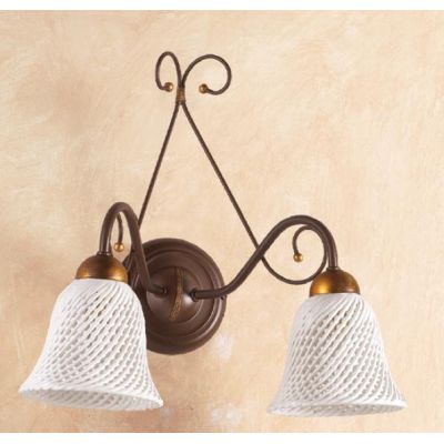 2032.A2 APPLIQUE RUSTICA 2 LUCI IN FERRO RUGGINE E DIFFUSORI IN TERRACOTTA BIANCA INTRECCIATA MADE IN ITALY CRISTALENSI CERAMICA
