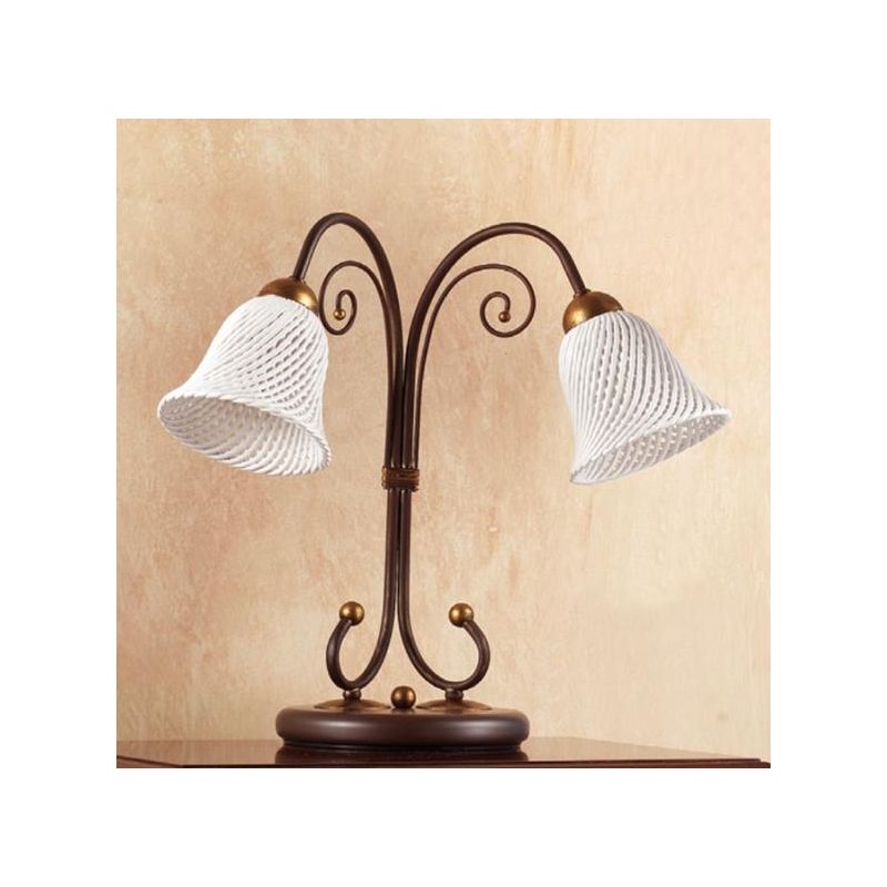 2032.L2 LAMPADA DA TAVOLO 2 LUCI IN FERRO RUGGINE E DIFFUSORI IN TERRACOTTA BIANCA INTRECCIATA MADE IN ITALY CRISTALENSI CERAMIC