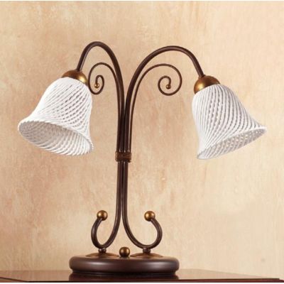 2032.L2 LAMPADA DA TAVOLO 2 LUCI IN FERRO RUGGINE E DIFFUSORI IN TERRACOTTA BIANCA INTRECCIATA MADE IN ITALY CRISTALENSI CERAMIC