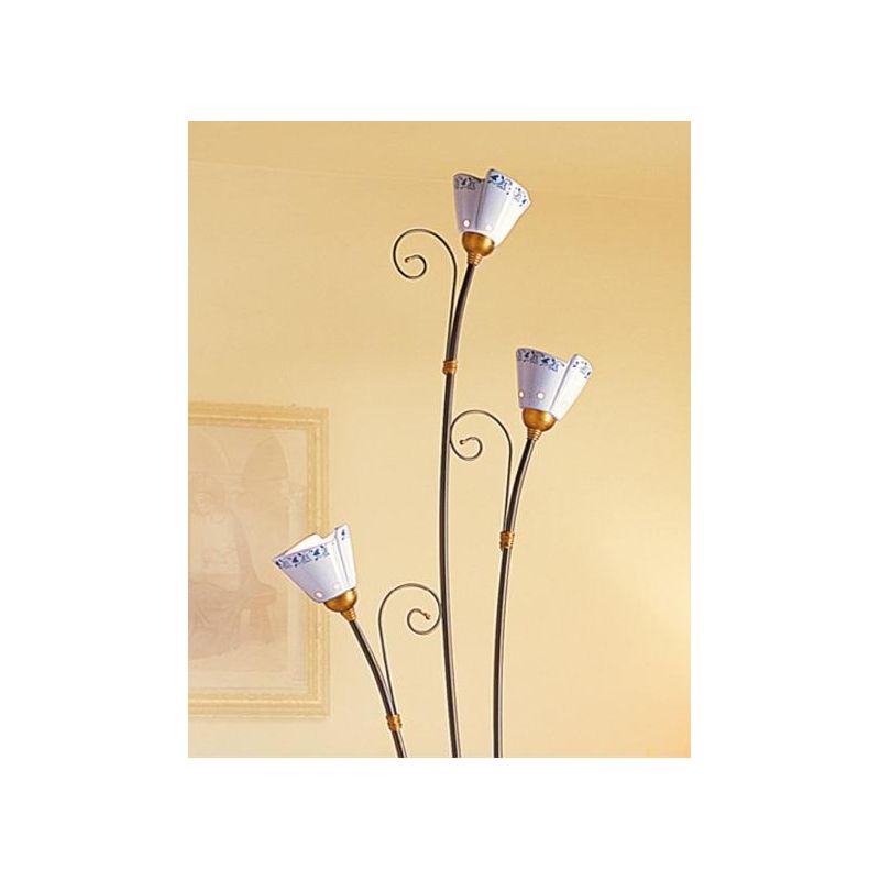 2029.P PIANTANA RUSTICA A 3 LUCI IN FERRO RUGGINE E DIFFUSORI IN TERRACOTTA BIANCA DECORATA MADE IN ITALY CRISTALENSI CERAMICA -