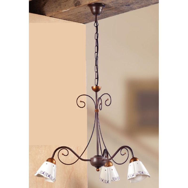 2029.3 LAMPADARIO 3 LUCI RUSTICO IN FERRO RUGGINE E DIFFUSORI IN TERRACOTTA BIANCA DECORATA MADE IN ITALY CRISTALENSI CERAMICA -
