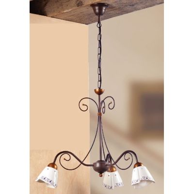 2029.3 LAMPADARIO 3 LUCI RUSTICO IN FERRO RUGGINE E DIFFUSORI IN TERRACOTTA BIANCA DECORATA MADE IN ITALY CRISTALENSI CERAMICA -