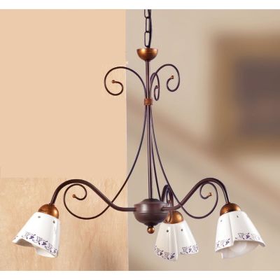 2029.3 LAMPADARIO 3 LUCI RUSTICO IN FERRO RUGGINE E DIFFUSORI IN TERRACOTTA BIANCA DECORATA MADE IN ITALY CRISTALENSI CERAMICA -