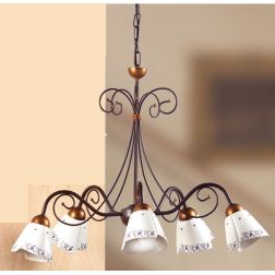 2029.5 LAMPADARIO 5 LUCI RUSTICO IN FERRO RUGGINE E DIFFUSORI IN TERRACOTTA BIANCA DECORATA MADE IN ITALY CRISTALENSI CERAMICA -