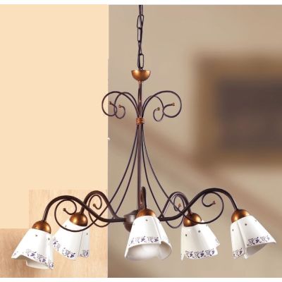 2029.5 LAMPADARIO 5 LUCI RUSTICO IN FERRO RUGGINE E DIFFUSORI IN TERRACOTTA BIANCA DECORATA MADE IN ITALY CRISTALENSI CERAMICA -