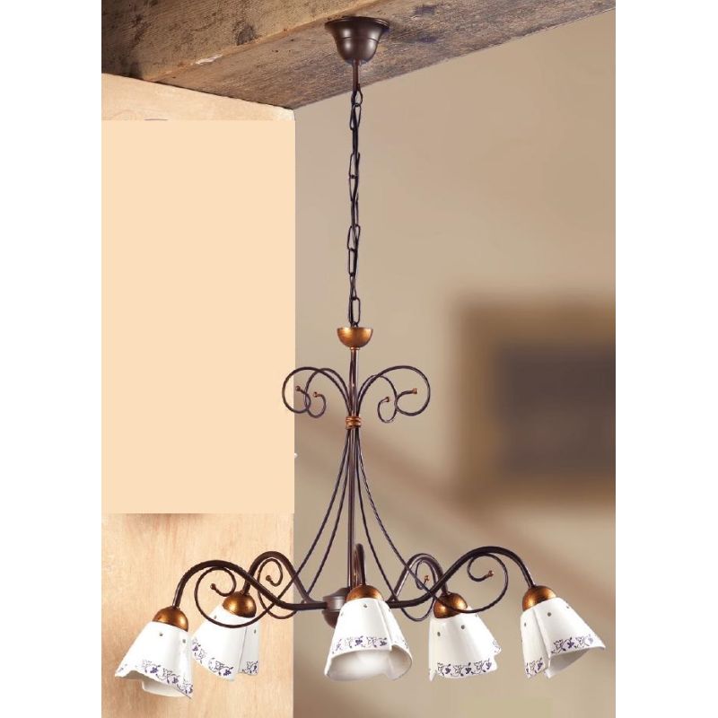 2029.5 LAMPADARIO 5 LUCI RUSTICO IN FERRO RUGGINE E DIFFUSORI IN TERRACOTTA BIANCA DECORATA MADE IN ITALY CRISTALENSI CERAMICA -