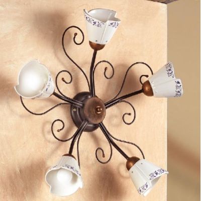 2029.A5 PLAFONIERA 5 LUCI RUSTICA IN FERRO RUGGINE E DIFFUSORI IN TERRACOTTA BIANCA DECORATA MADE IN ITALY CRISTALENSI CERAMICA