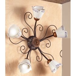2029.A5 PLAFONIERA 5 LUCI RUSTICA IN FERRO RUGGINE E DIFFUSORI IN TERRACOTTA BIANCA DECORATA MADE IN ITALY CRISTALENSI CERAMICA
