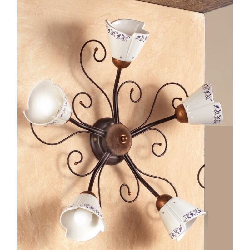 2029.A5 PLAFONIERA 5 LUCI RUSTICA IN FERRO RUGGINE E DIFFUSORI IN TERRACOTTA BIANCA DECORATA MADE IN ITALY CRISTALENSI CERAMICA