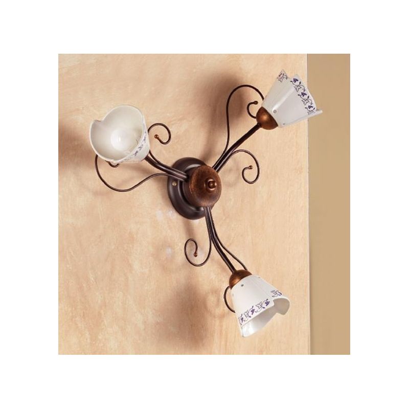 2029.A3 PLAFONIERA 3 LUCI RUSTICA IN FERRO RUGGINE E DIFFUSORI IN TERRACOTTA BIANCA DECORATA MADE IN ITALY CRISTALENSI CERAMICA