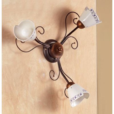 2029.A3 PLAFONIERA 3 LUCI RUSTICA IN FERRO RUGGINE E DIFFUSORI IN TERRACOTTA BIANCA DECORATA MADE IN ITALY CRISTALENSI CERAMICA